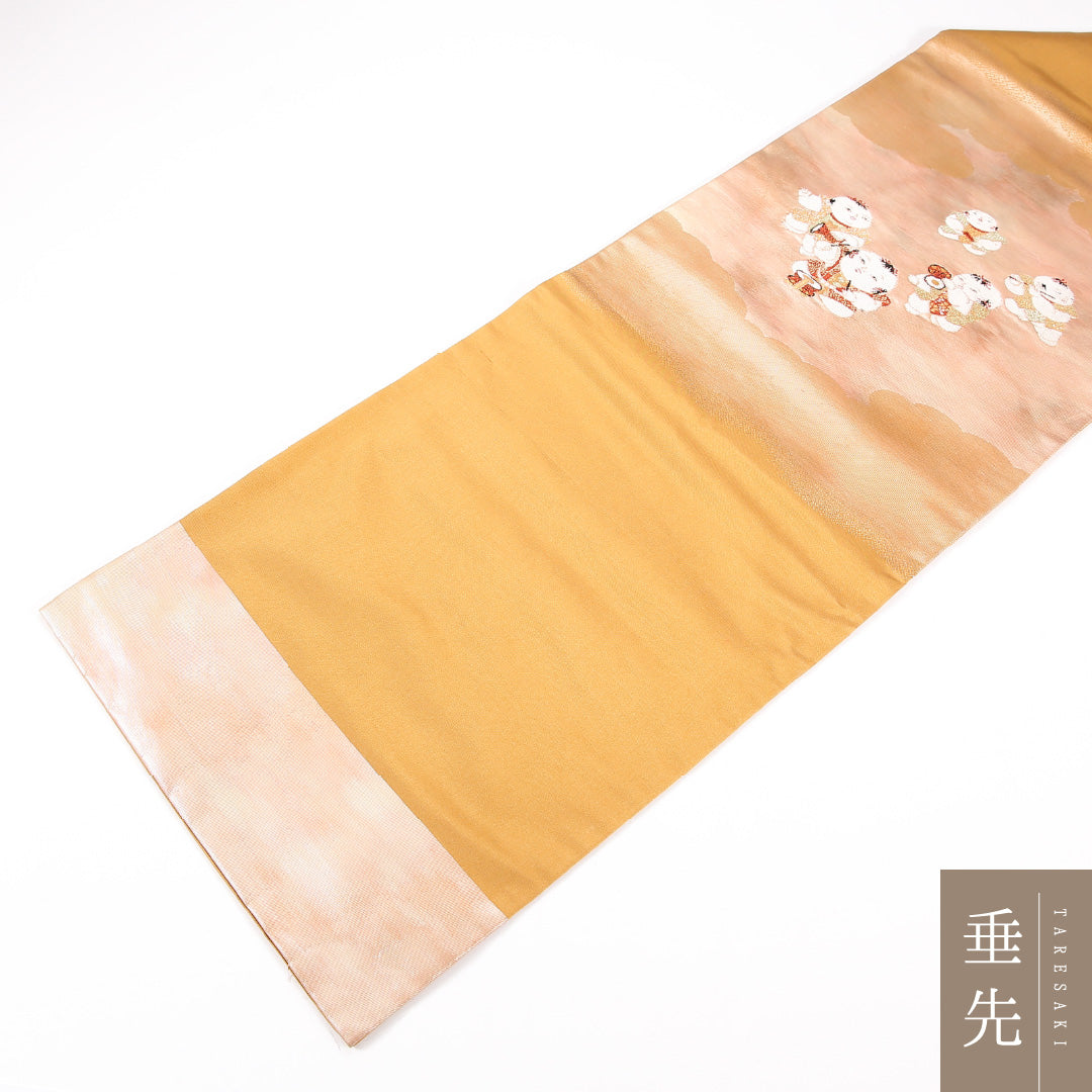 唐子 九寸名古屋帯 Sランク 帯丈350cm 正絹 ポイント柄 名古屋仕立て 織り インフォーマル 茶の混ざったくすんだ黄系 RP 1245-04757