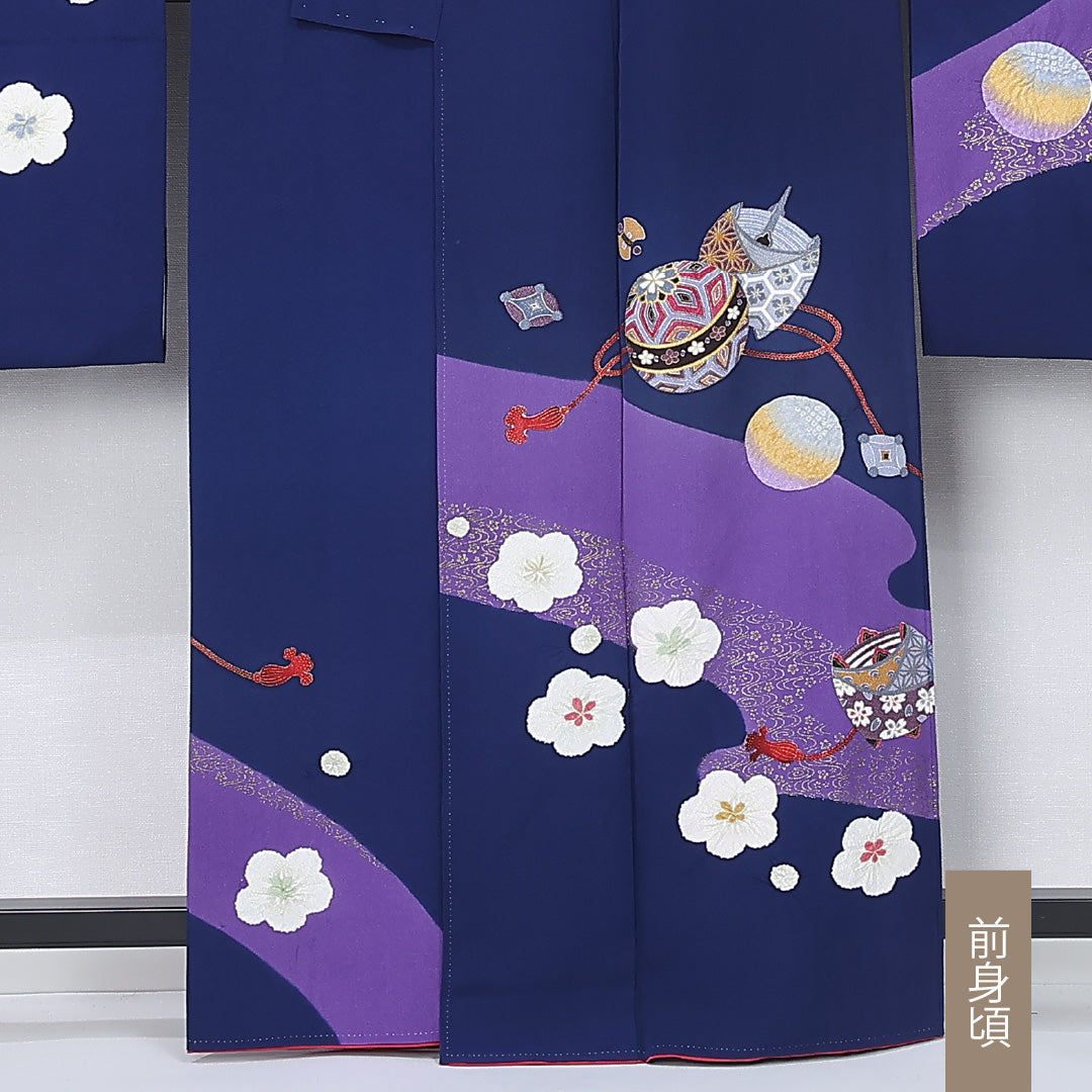 振袖 袷 身丈161cm 裄丈68cm 正絹 Bランク フォーマル 広衿 Lサイズ 絞り 毬 梅 紺系 M4 1215-06728