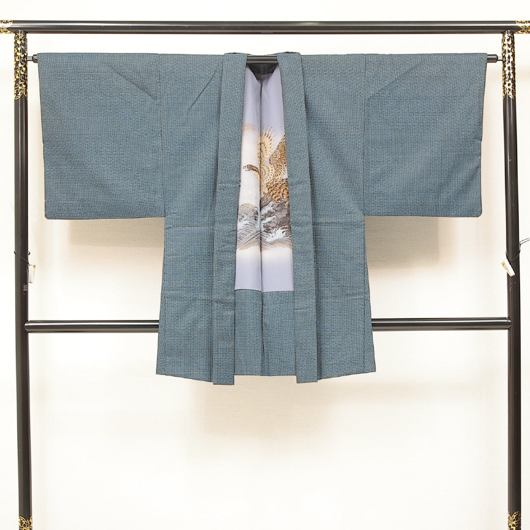 アンサンブル 洗える着物 ウールの男着物 単衣 身丈140cm 裄丈34cm ウール Aランク カジュアル 棒衿 Sサイズ 居敷当て 肩当て 十字絣 青系 RP 1224-17235
