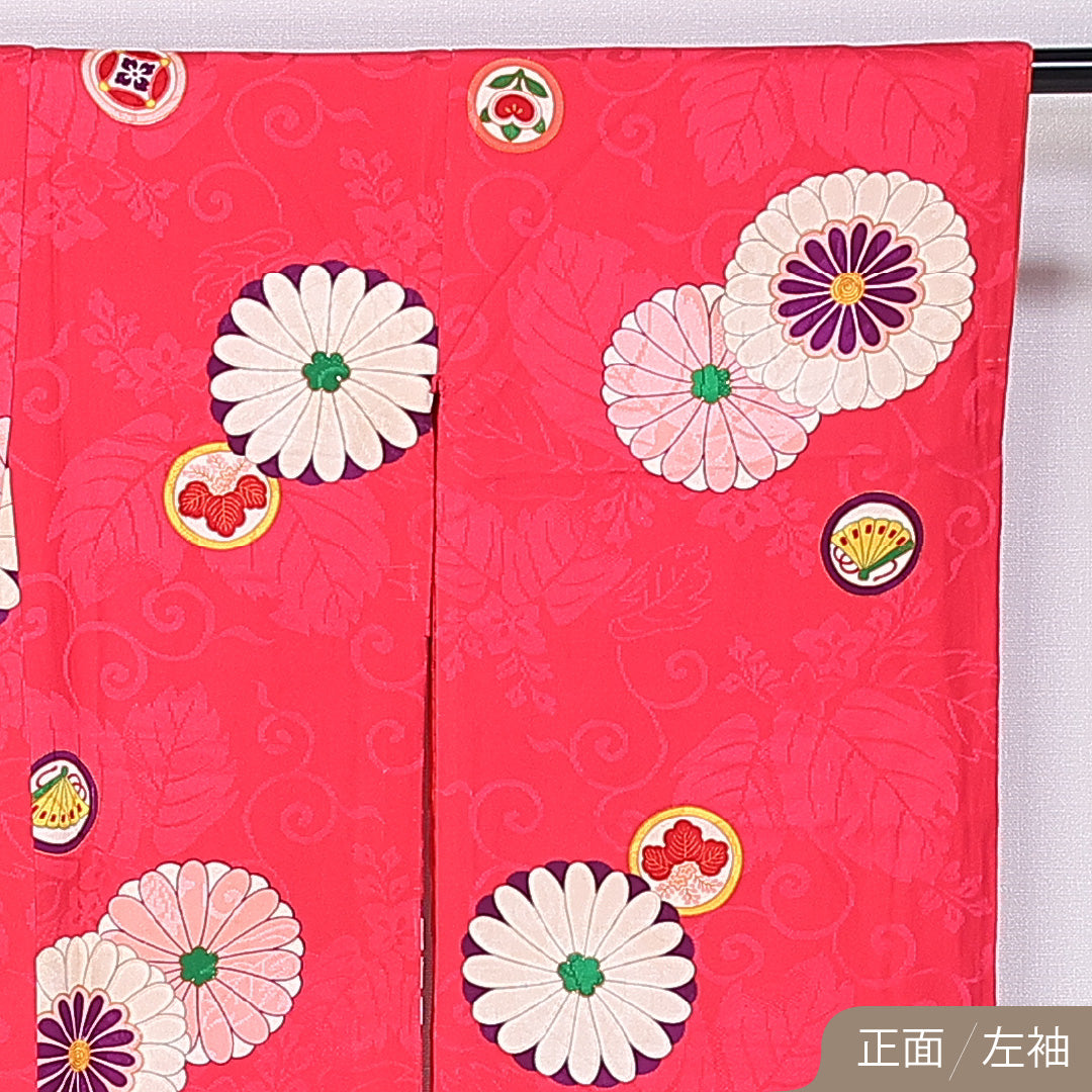小振袖 袷 身丈148cm 裄丈64cm 正絹 Aランク セミフォーマル バチ衿 XSサイズ 菊 桐 橘 ピンク系 RP 1216-06663