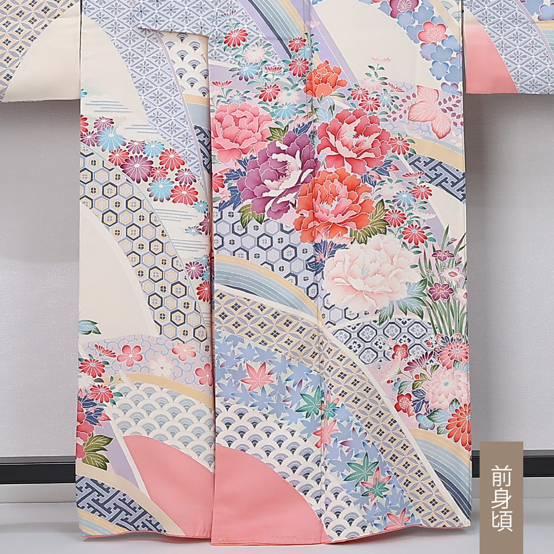 振袖 袷 身丈163cm 裄丈63cm 正絹 Bランク フォーマル 広衿 Lサイズ 牡丹 紅葉 吉祥文様 クリーム系 RP 1215-06740