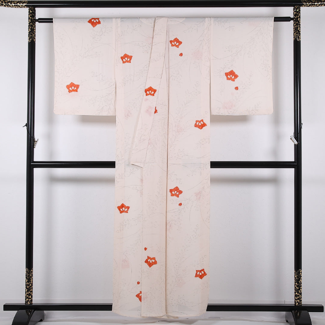 夏物 小紋 絽 身丈154cm 裄丈63cm 正絹 Sランク インフォーマル バチ衿 Sサイズ 桔梗 クリーム系 RP 1221-17355