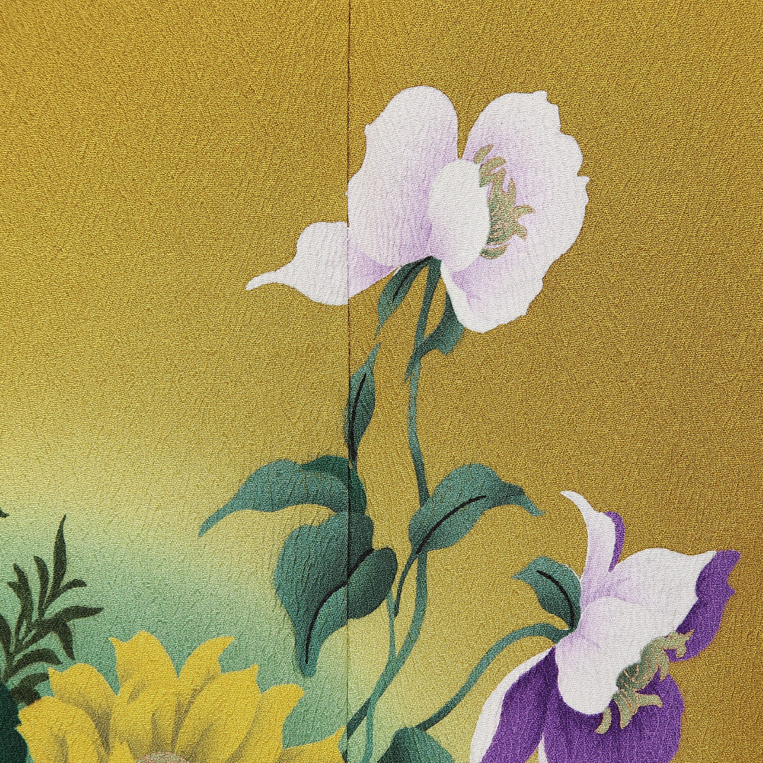 振袖 袷 身丈162cm 裄丈67cm 正絹 Sランク フォーマル 広衿 Lサイズ 百合 黄系 RP 1215-06981