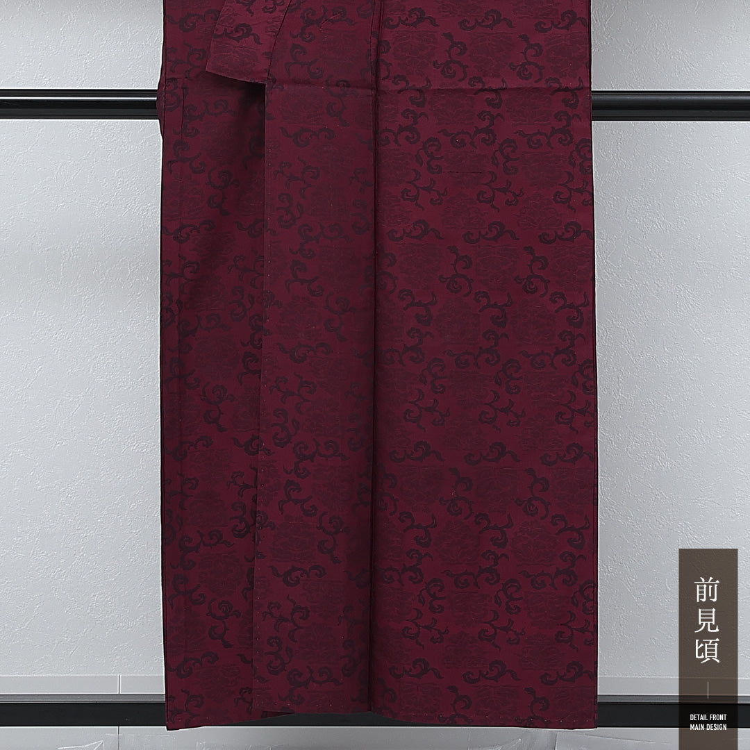 アンティーク お召 単衣 身丈154cm 裄丈67cm 正絹 Cランク バチ衿 XSサイズ ケイトウ 赤系 RP 1222-17262