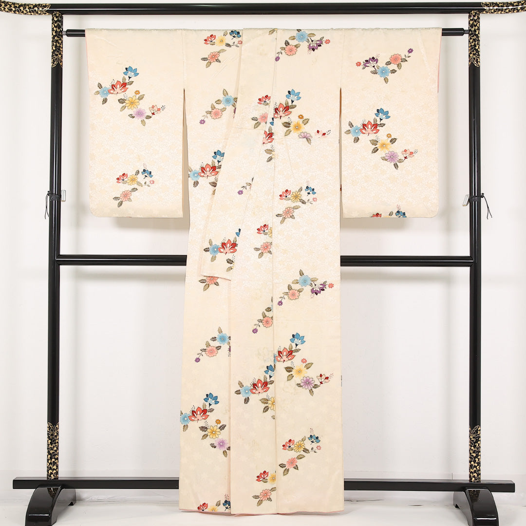 洗える着物 付下げ 袷 身丈162cm 裄丈64cm ポリエステル Cランク インフォーマル 広衿 Mサイズ 菊 クリーム系 LP 1218-17475