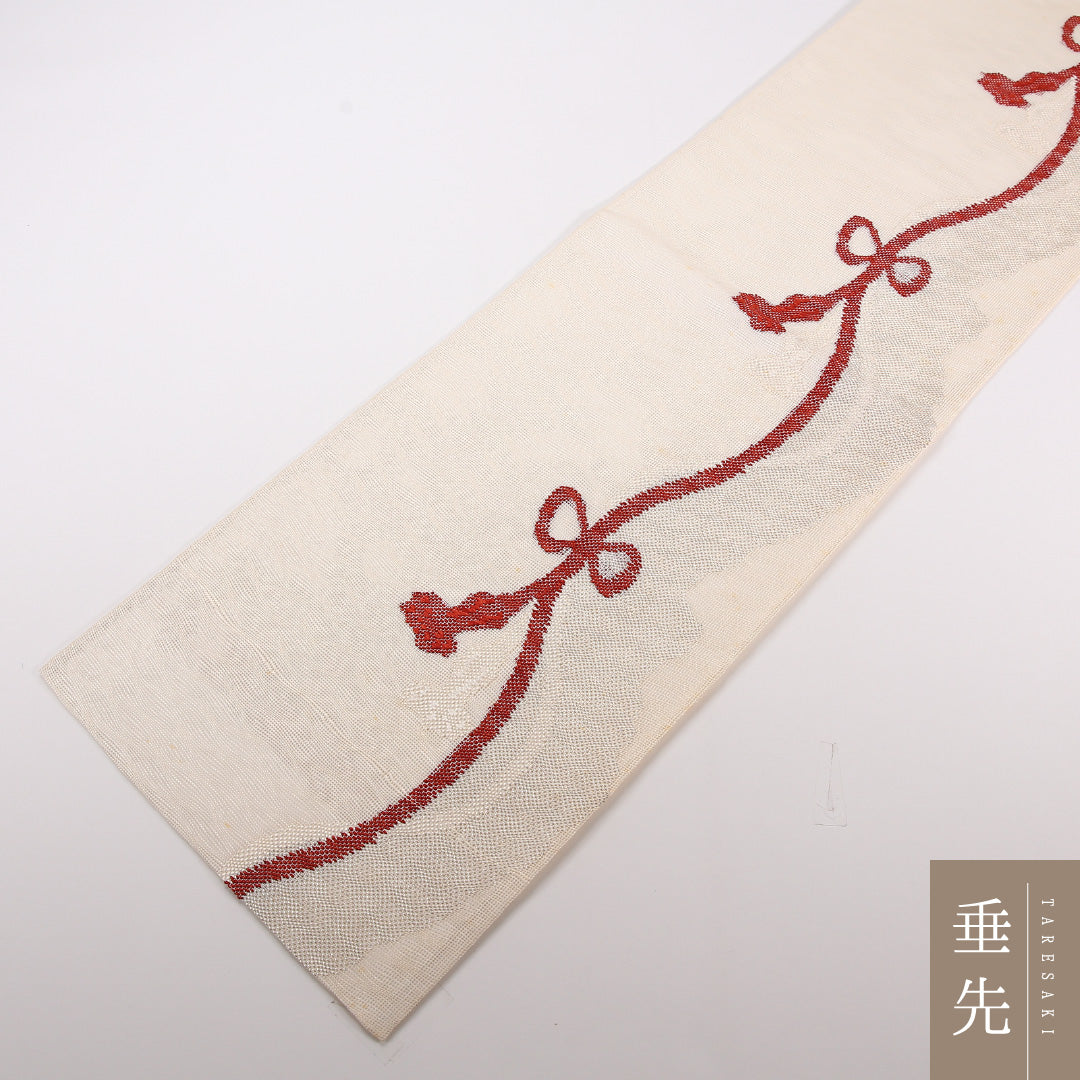 夏物 袋帯 帯丈420cm 正絹 六通 カジュアル もじり織 創作柄 クリーム系 1243-02497