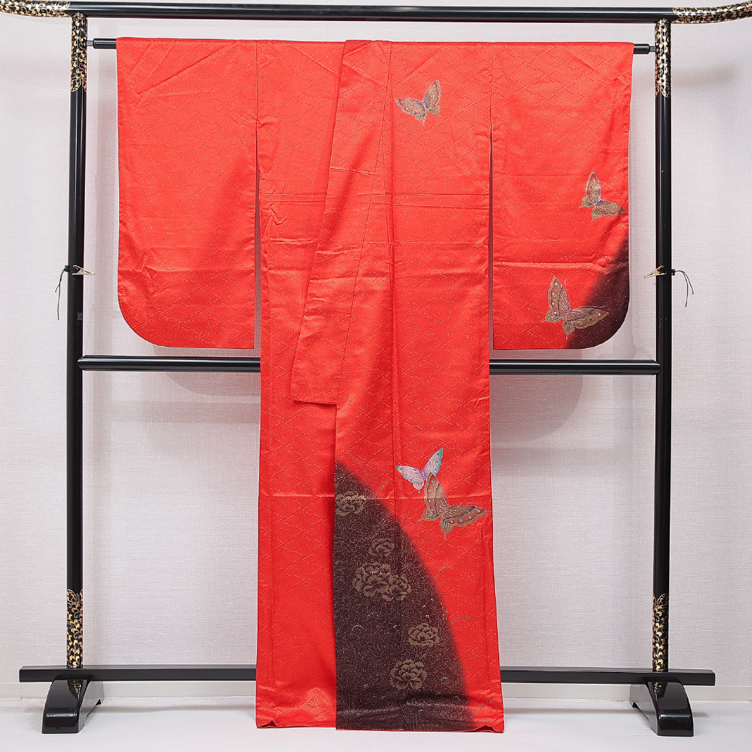 洗える着物 小振袖 袷 身丈169cm 裄丈65cm ポリエステル Sランク セミフォーマル 広衿 XLサイズ 蝶 赤系 RP 1216-07035