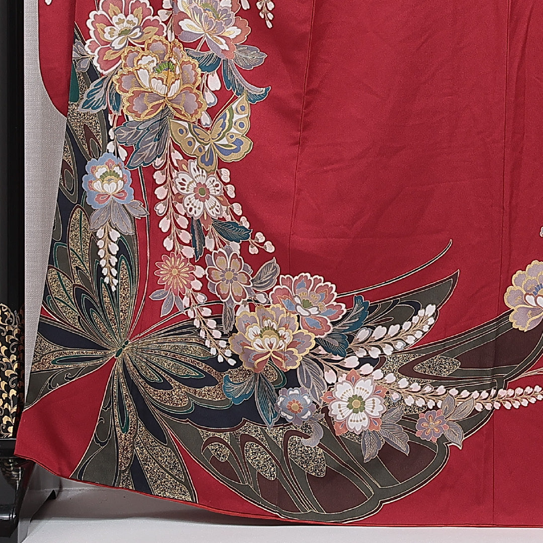 振袖 袷 身丈167cm 裄丈66cm 正絹 Sランク フォーマル 広衿 XLサイズ 蝶 牡丹 赤系 RP 1215-07009