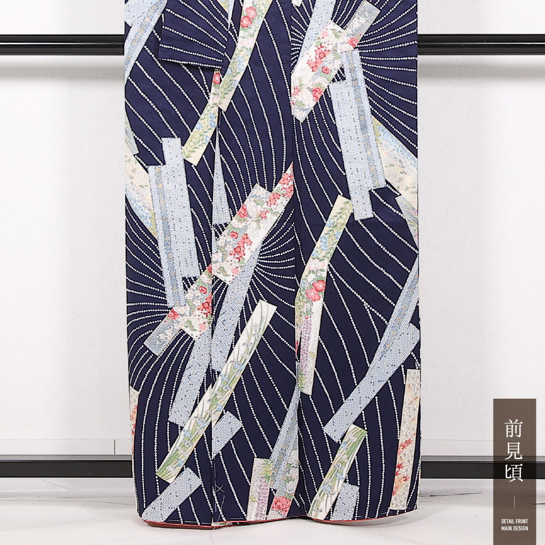 未使用品 小紋 袷 身丈159cm 裄丈63cm 正絹 Sランク インフォーマル 広衿 XLサイズ 金彩 しつけ糸 色紙重ね 紺系 RP 1221-17503