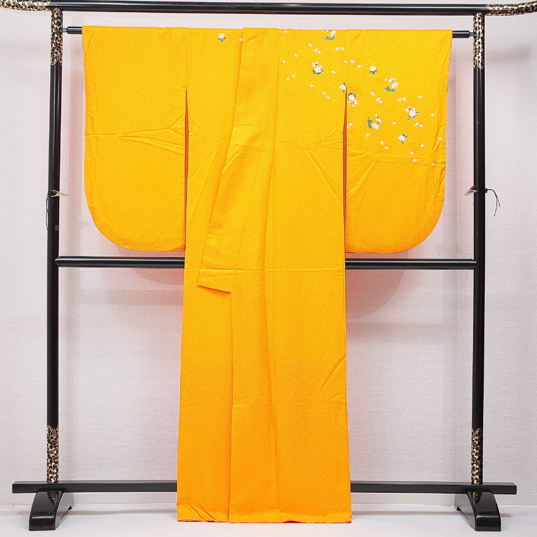 洗える着物 小振袖 袷 身丈163cm 裄丈65cm ポリエステル Cランク セミフォーマル 広衿 Lサイズ 桜 黄系 HP 1216-07037