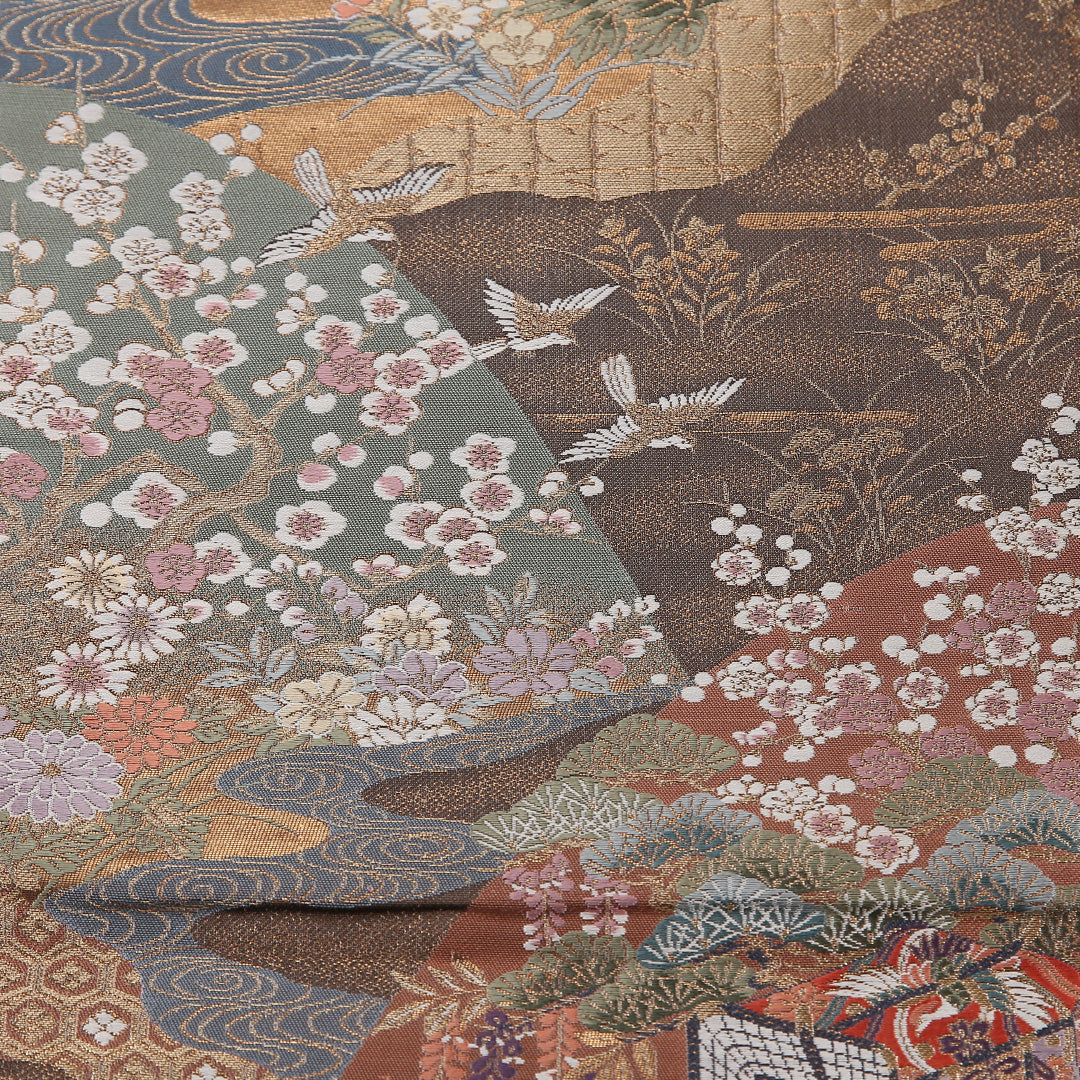 花車 袋帯 帯丈432cm 正絹 六通 フォーマル 茶系 ベージュ系 1243-02636