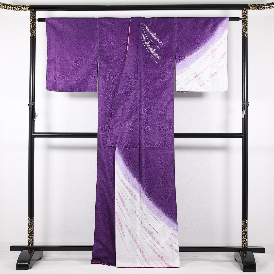 洗える着物 訪問着 袷 身丈165cm 裄丈67cm ポリエステル Aランク 踊り用 バチ衿 Sサイズ 桜 紫系 RP 1217-17381