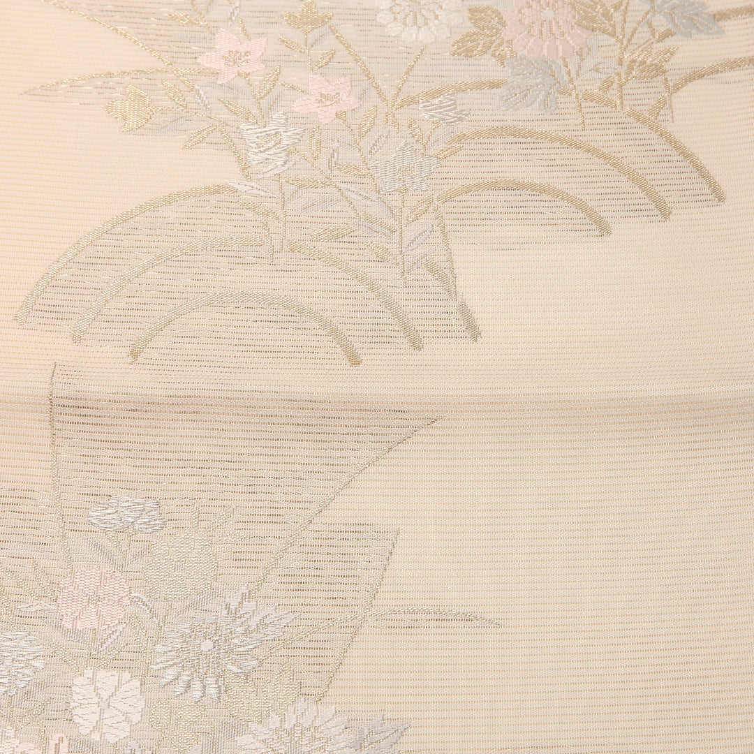 夏物 袋帯 帯丈444cm 正絹 六通 インフォーマル 菊 クリーム系 1243-02457