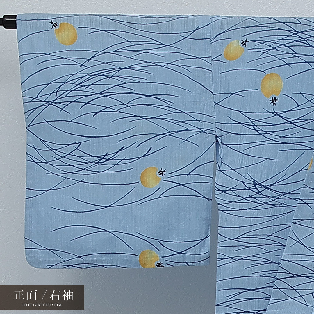 夏物 洗える着物 木綿の浴衣 身丈158cm 裄丈69cm 木綿 Cランク カジュアル バチ衿 Sサイズ 蛍 水色系 RP 1225-17252
