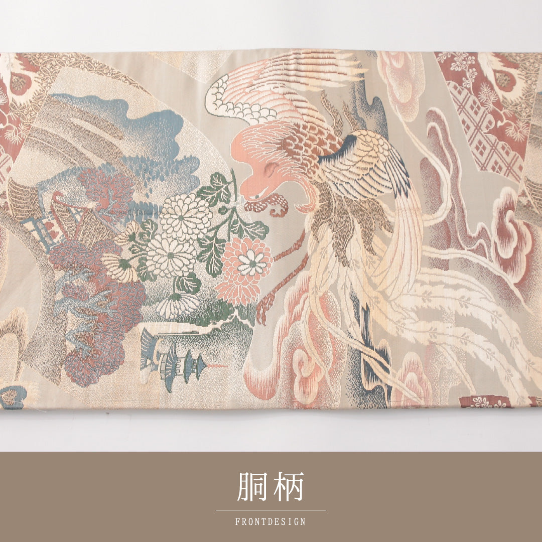 アンティーク 丸帯 帯丈386cm 正絹 全通 花喰鳥 楼閣 ベージュ系 金系 1242-02424