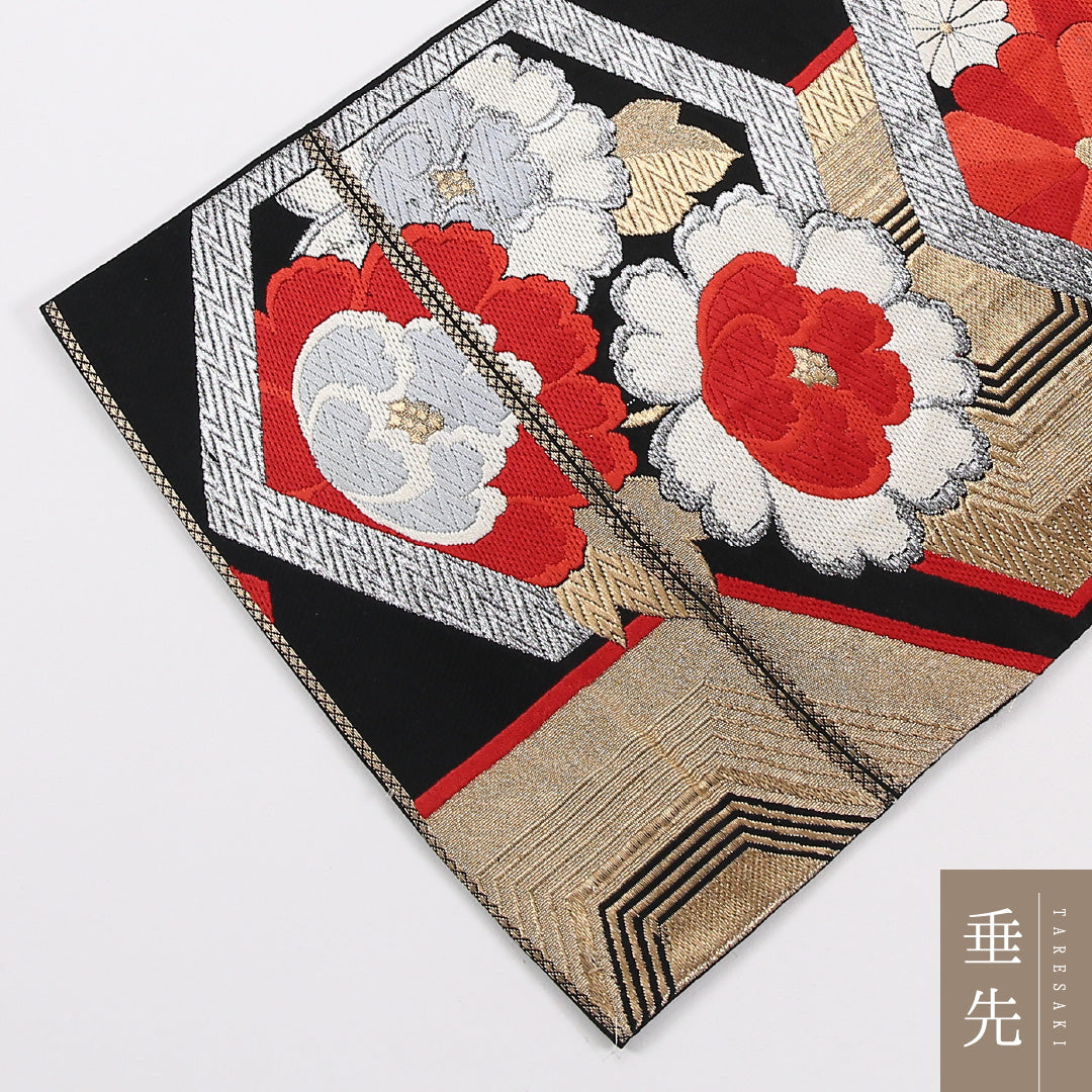 亀甲 袋帯 帯丈416cm 正絹 六通 フォーマル 唐織 菊・牡丹 菊 黒系 1243-02644