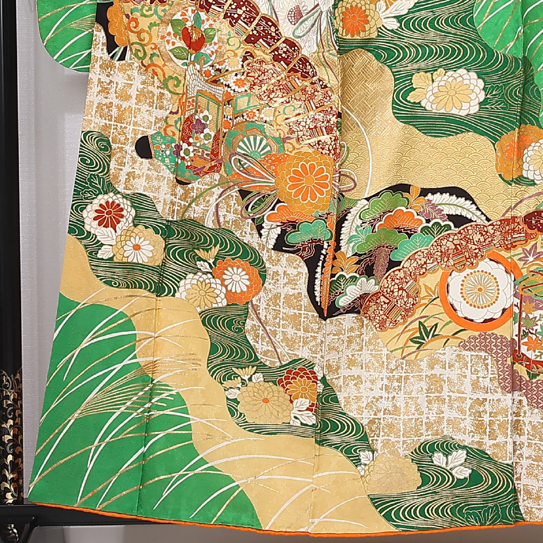 振袖 袷 身丈158cm 裄丈63cm 正絹 Bランク フォーマル 広衿 Mサイズ 刺繍 貝桶 牡丹 松 多色系 RP 1215-06738