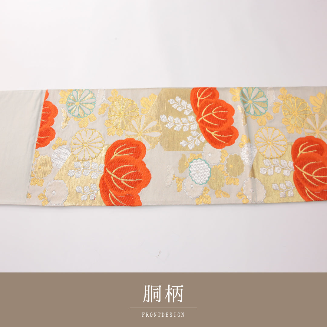 アンティーク 袋帯 帯丈396cm 正絹 六通 菊 稲 クリーム系 1243-02421