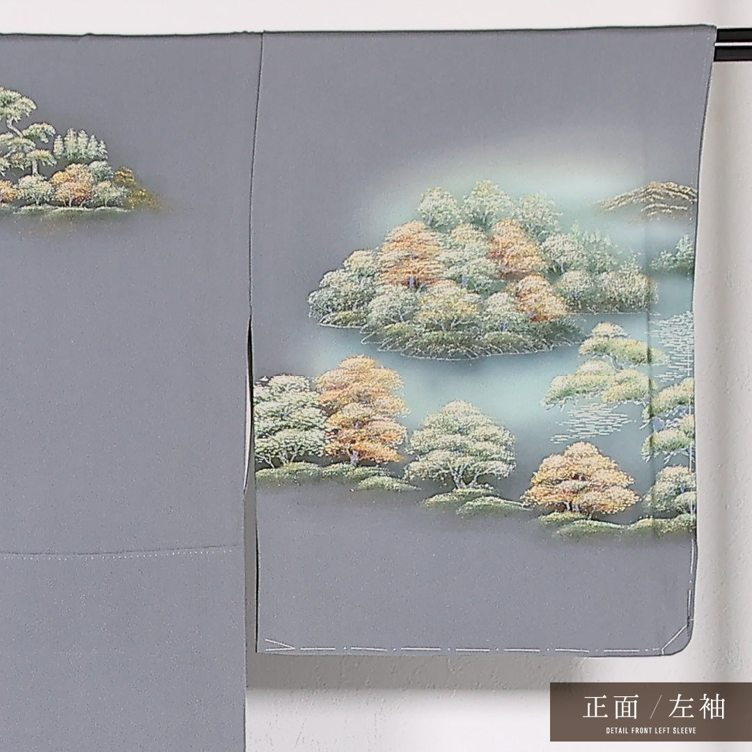 未使用品 訪問着 袷 身丈161cm 裄丈66cm 正絹 Sランク セミフォーマル 広衿 Lサイズ ぼかし染 金彩 しつけ糸 楼閣 山水 グレー系 PO 1217-17529