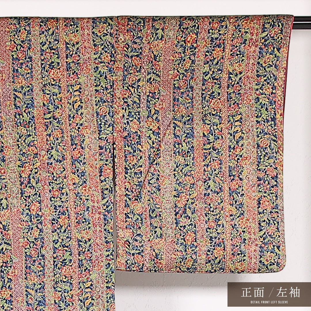小紋 袷 身丈165cm 裄丈64cm 正絹 Sランク インフォーマル 広衿 XSサイズ 更紗 赤系 RP 1221-17504