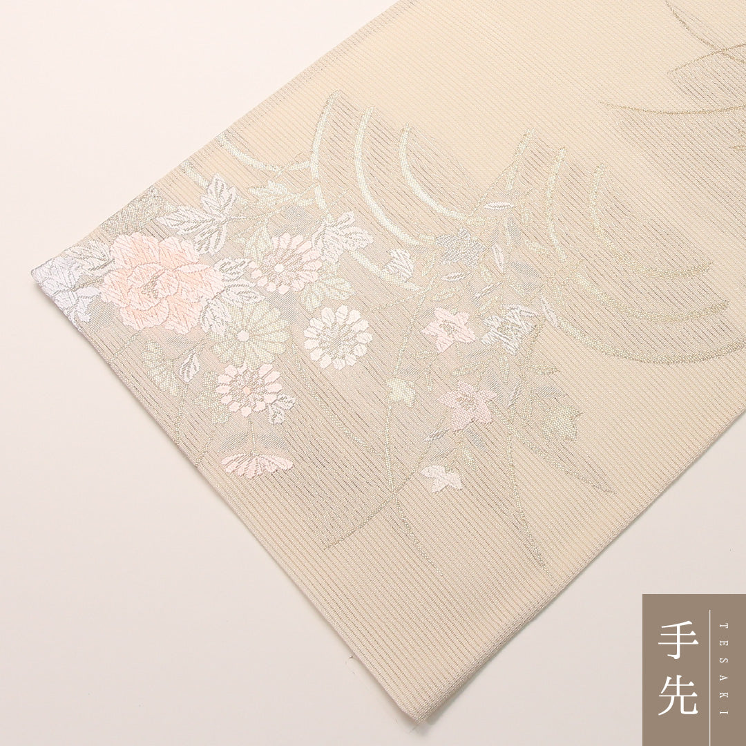 夏物 袋帯 帯丈444cm 正絹 六通 インフォーマル 菊 クリーム系 1243-02457