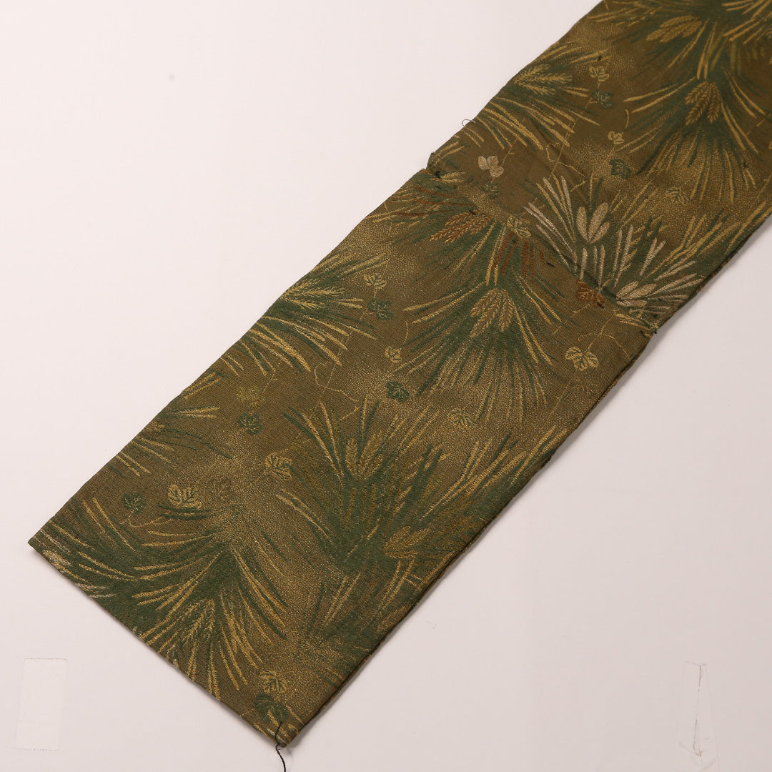 アンティーク 半幅帯 帯丈328cm 正絹 全通 小袋帯 植物柄 緑系 茶系 1247-00679