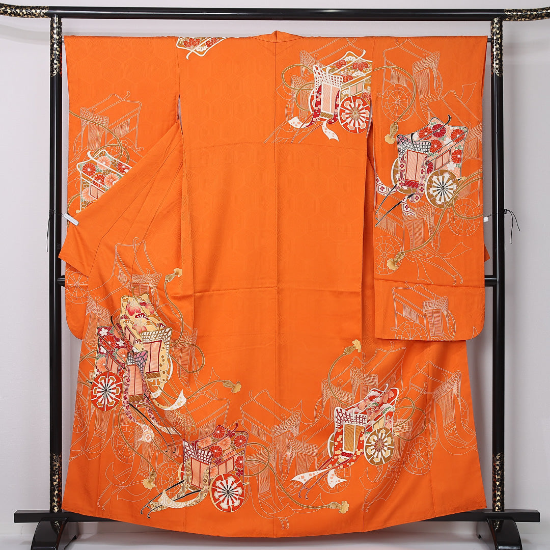 振袖 袷 身丈161cm 裄丈66cm 正絹 Sランク フォーマル 広衿 Lサイズ 御所車 朱系 RP 1215-06764