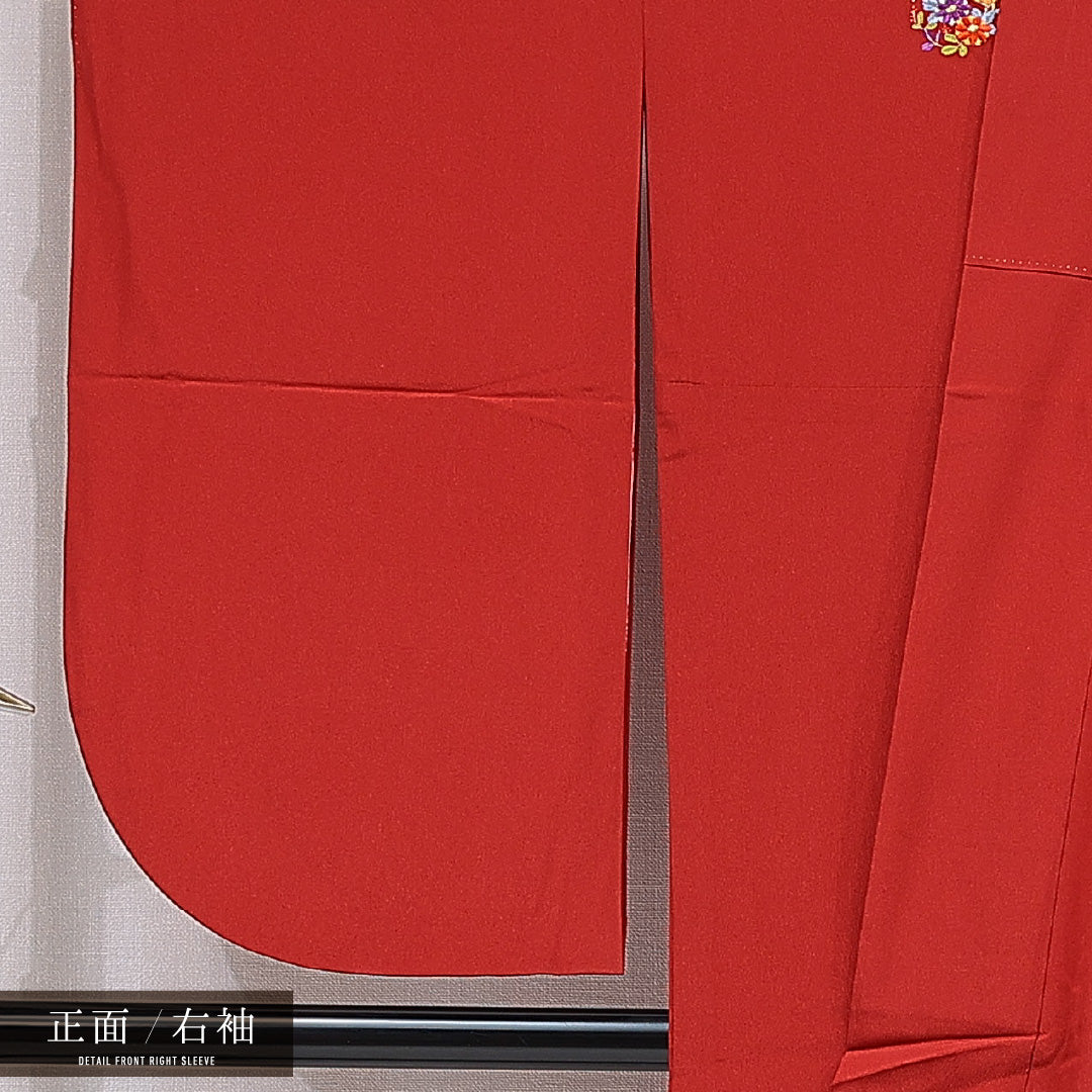 洗える着物 小振袖 袷 身丈164cm 裄丈68cm ポリエステル Sランク セミフォーマル 広衿 Lサイズ 刺繍 菊 紅葉 赤系 RP 1216-07053