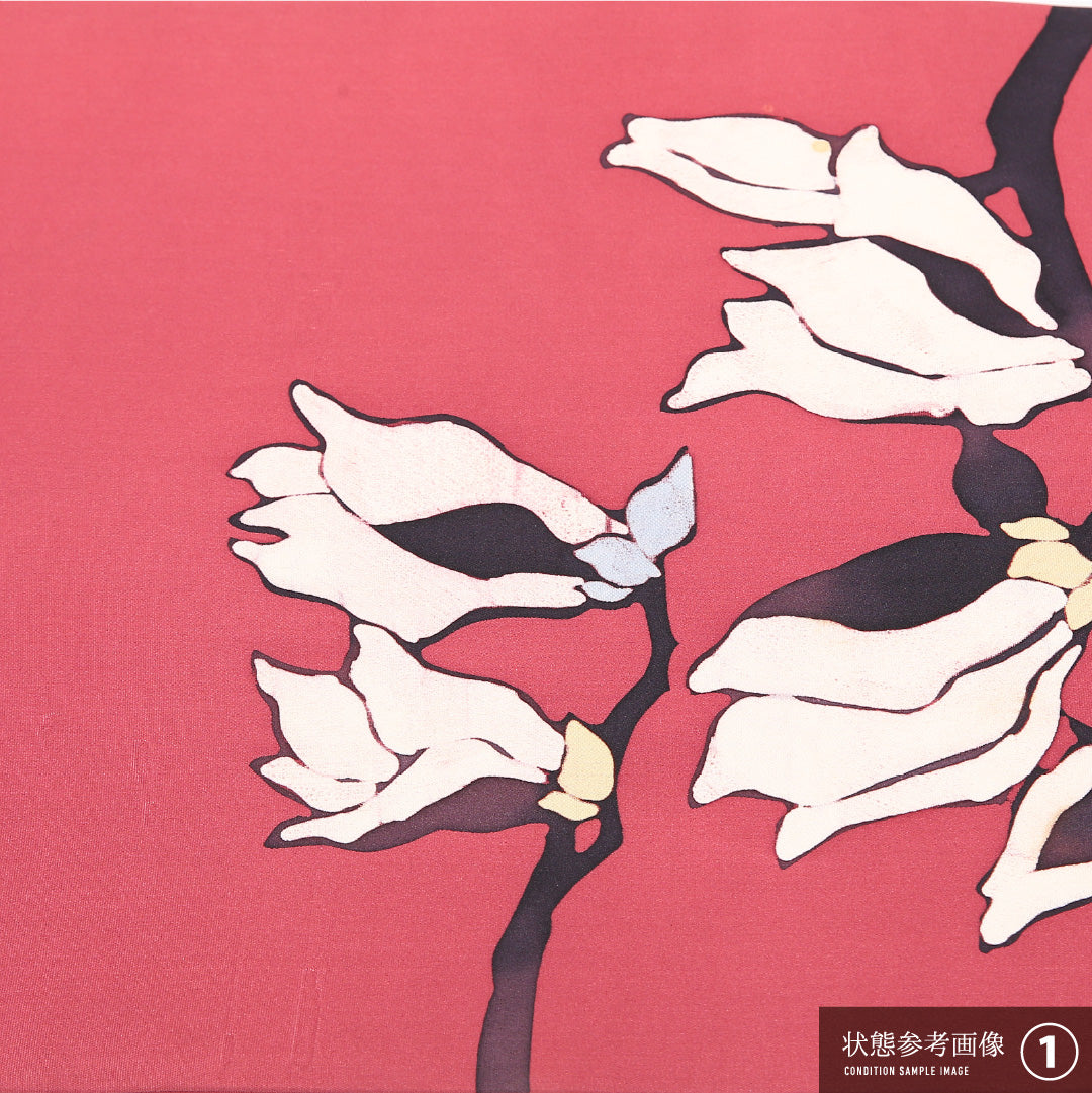 植物柄 九寸名古屋帯 Bランク 帯丈351cm 正絹 ポイント柄 名古屋仕立て 染め インフォーマル 塩瀬 くすんだ赤系 RP 1245-04752