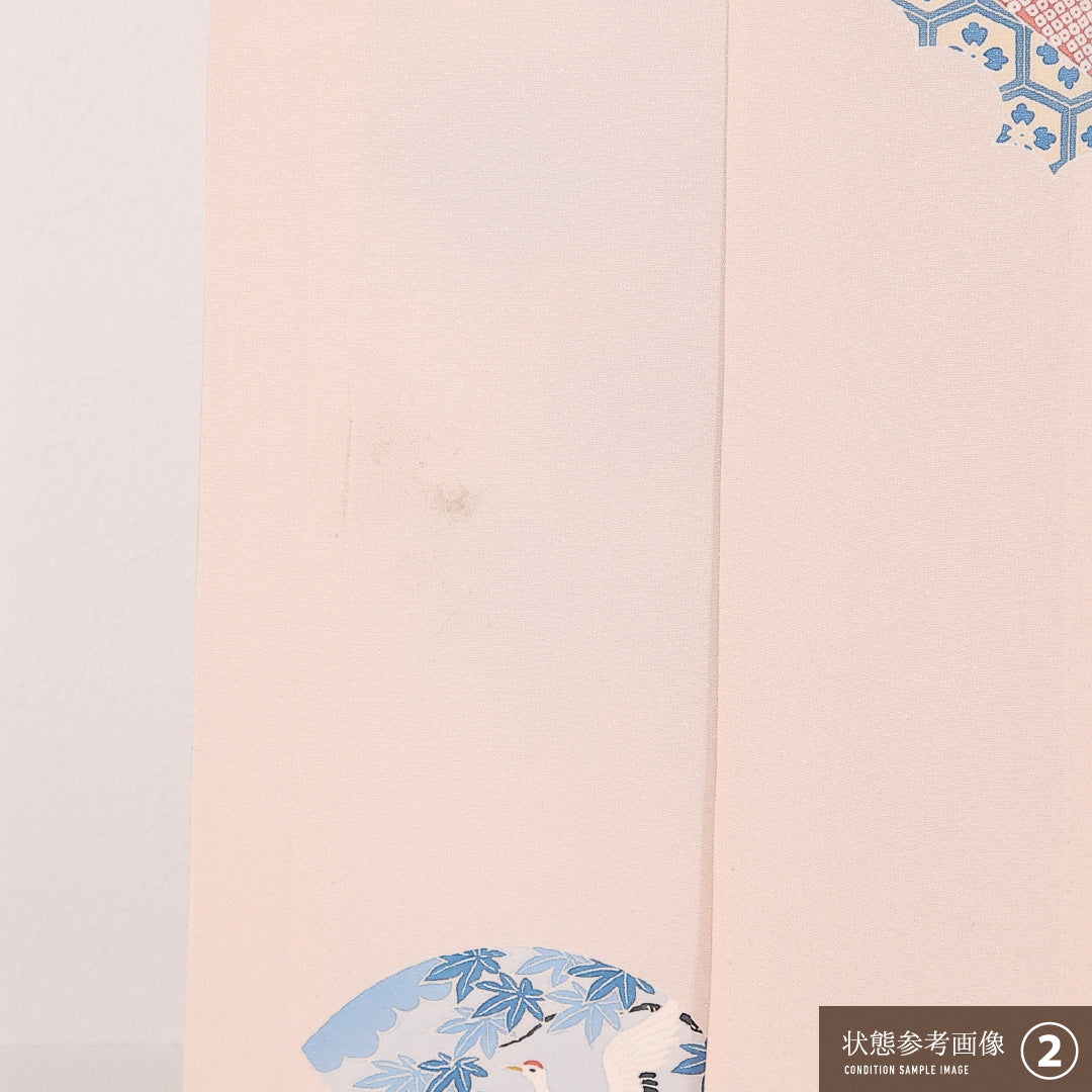 訪問着 単衣 身丈158cm 裄丈63cm 正絹 Bランク セミフォーマル 広衿 XLサイズ 刺繍 扇面文 鶴 ピンク系 RP 1217-17521