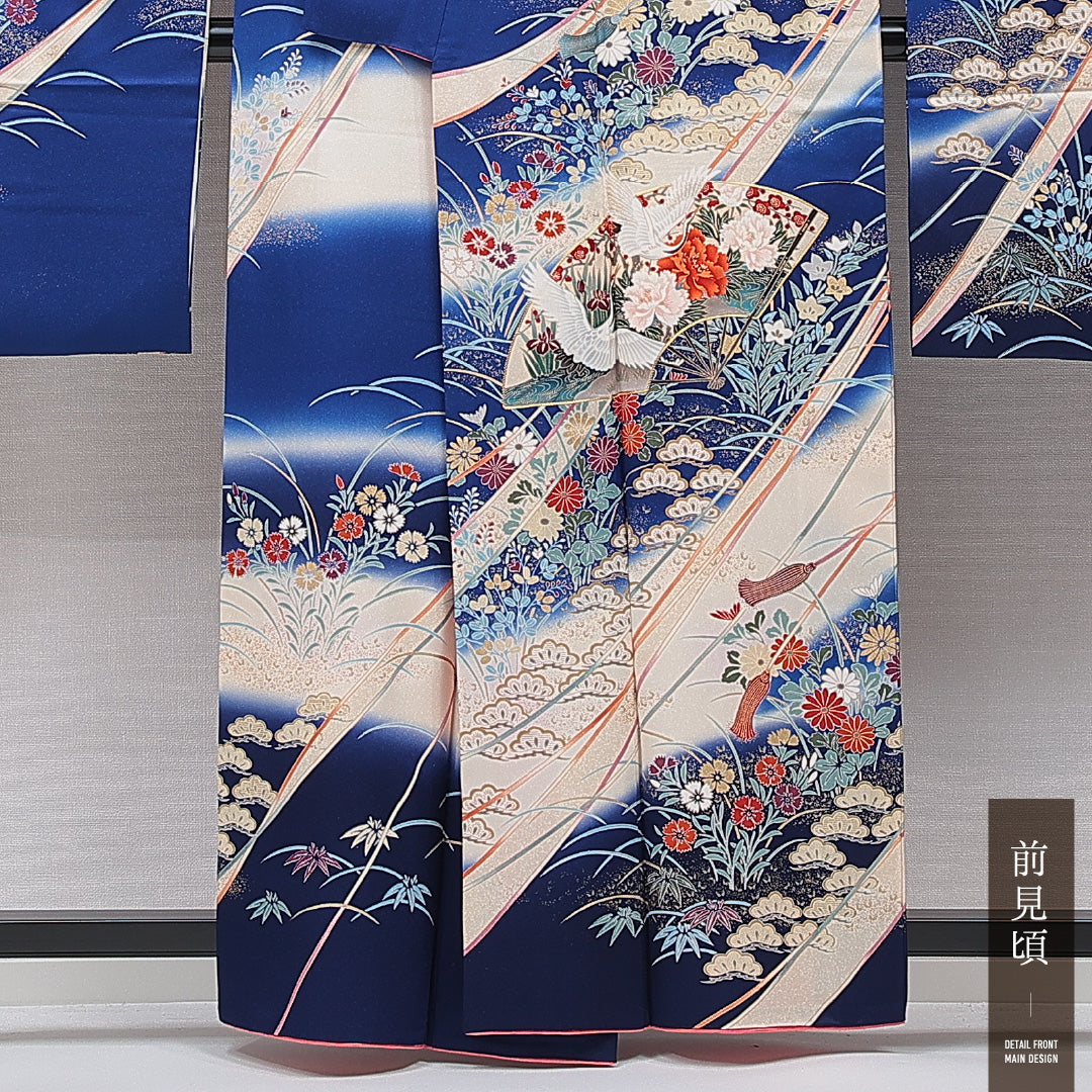 振袖 袷 身丈158cm 裄丈63cm 正絹 Aランク フォーマル 広衿 Mサイズ 金駒刺繍 扇面文 鶴 牡丹 青系 RP 1215-06995