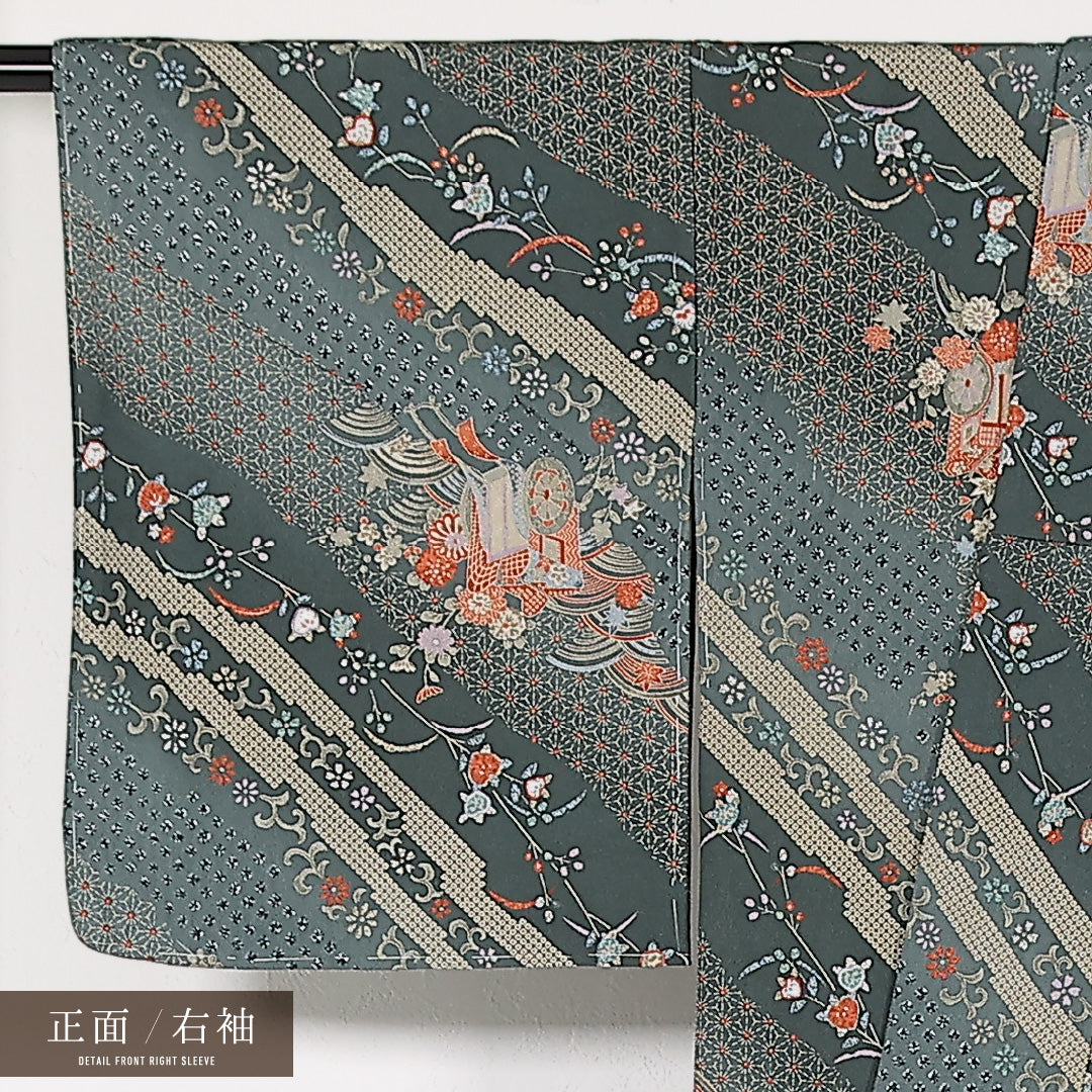 未使用品 洗える着物 小紋 袷 身丈159cm 裄丈65cm ポリエステル Nランク インフォーマル 広衿 XLサイズ しつけ糸 御所車 緑系 RP 1221-17469
