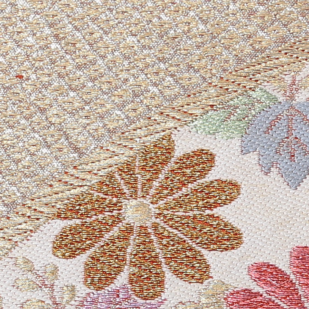 袋帯 帯丈412cm 正絹 六通 フォーマル 唐織 花扇 金系 朱系 1243-00578
