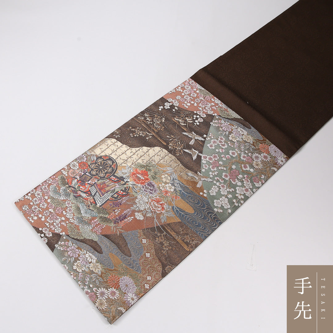 花車 袋帯 帯丈432cm 正絹 六通 フォーマル 茶系 ベージュ系 1243-02636