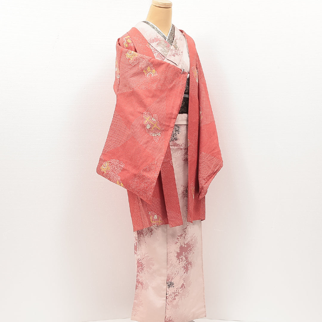 アンティーク 羽織 袷 身丈92cm 裄丈63cm 正絹 Bランク Sサイズ 花扇 ピンク系 LP 1232-17211