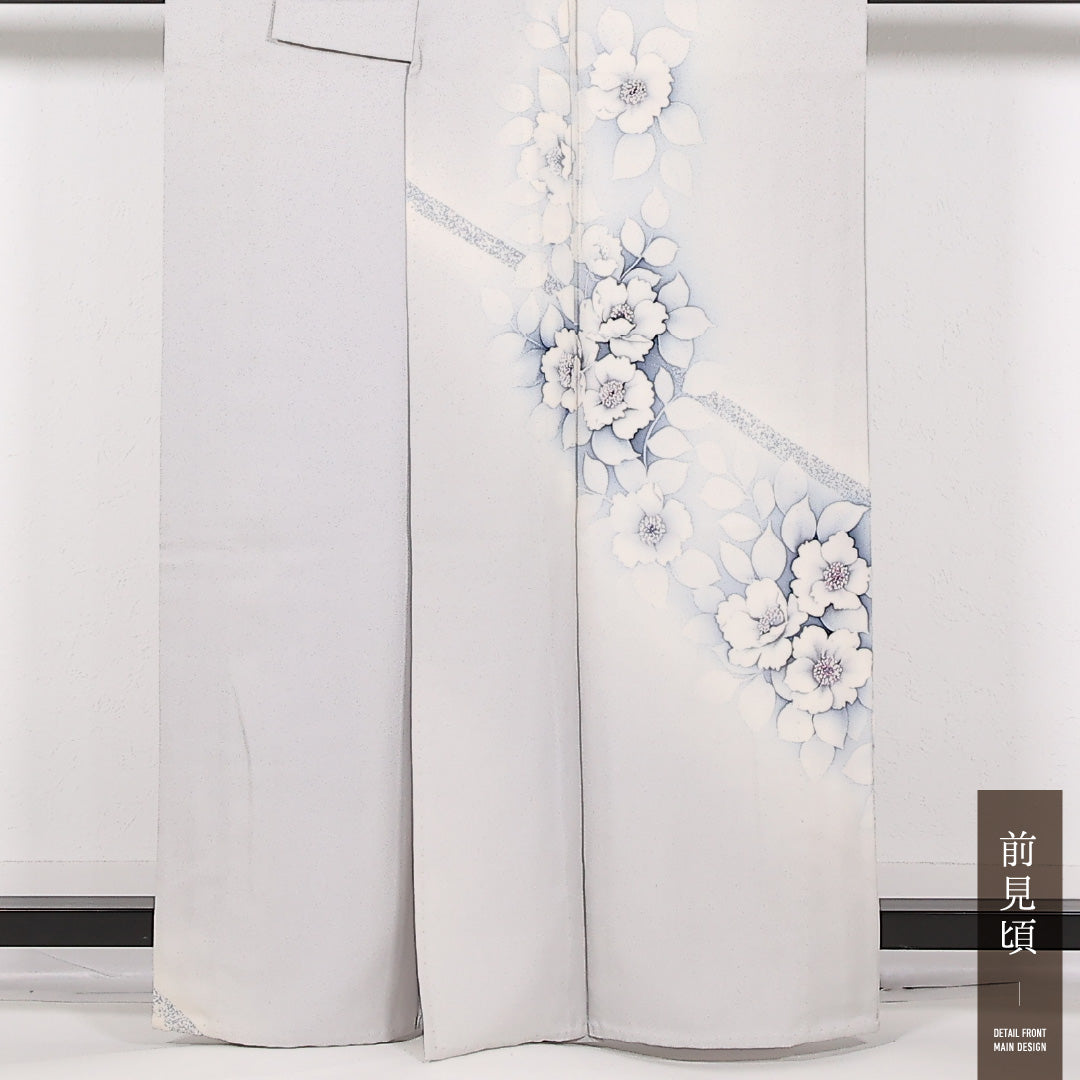 訪問着 単衣 身丈160cm 裄丈60cm 正絹 Bランク セミフォーマル 広衿 Mサイズ 椿 グレー系 RP 1217-17520
