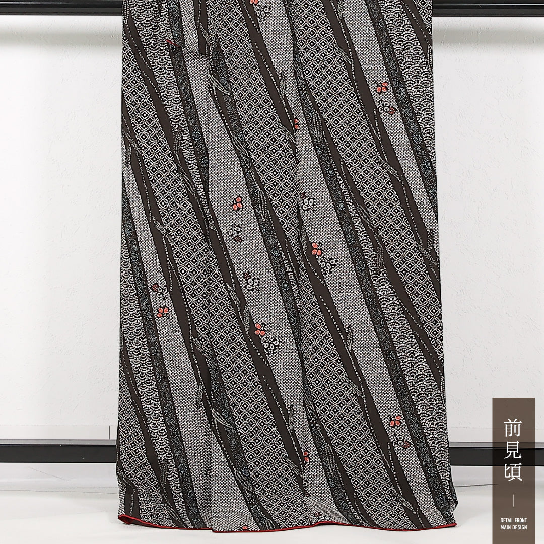 洗える着物 小紋 袷 身丈166cm 裄丈65cm ポリエステル Sランク インフォーマル 広衿 XLサイズ 古典柄 黒系 RP 1221-17437