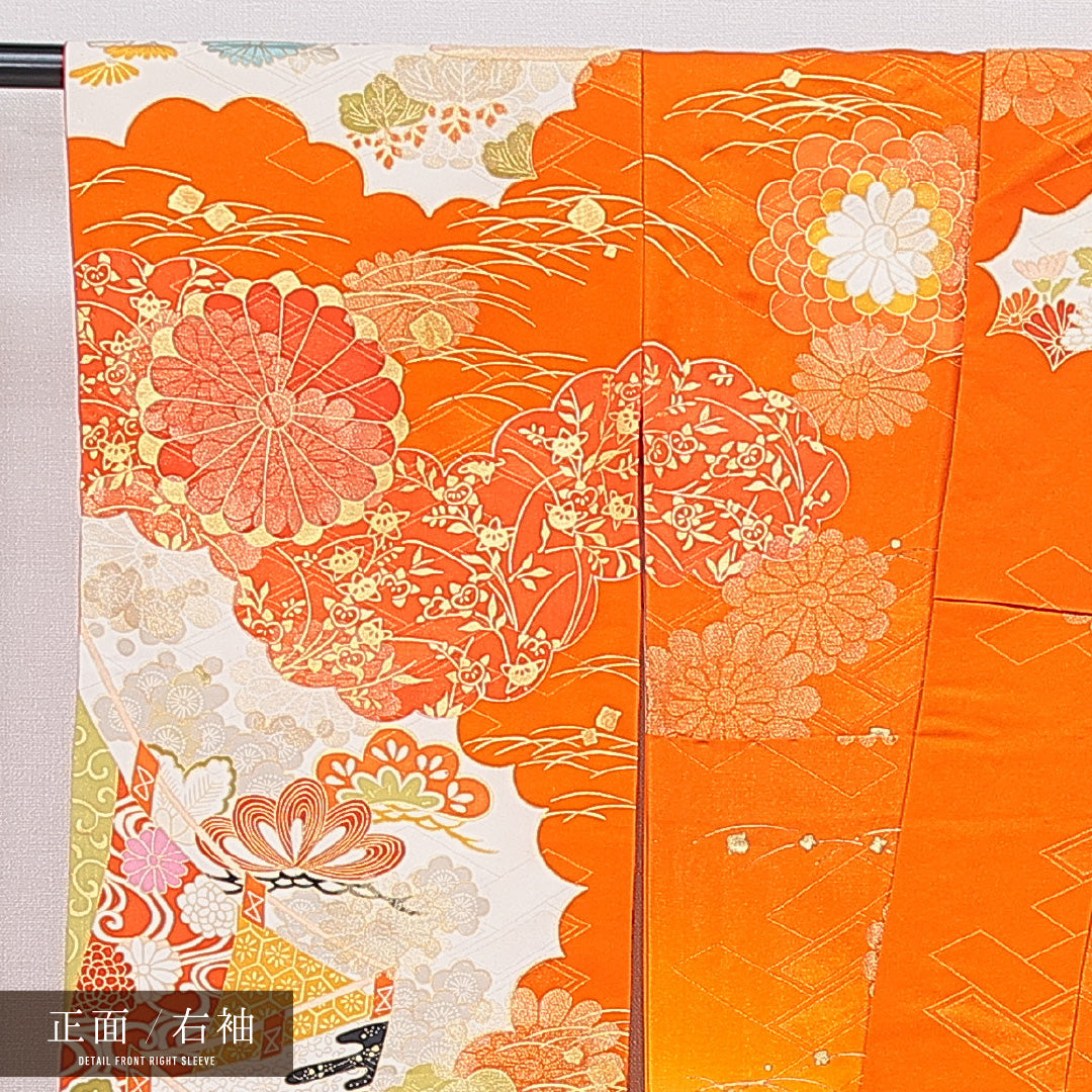 振袖 袷 身丈166cm 裄丈62cm 正絹 Sランク フォーマル 広衿 XLサイズ 金彩 御所解 朱系 M4 1215-07096