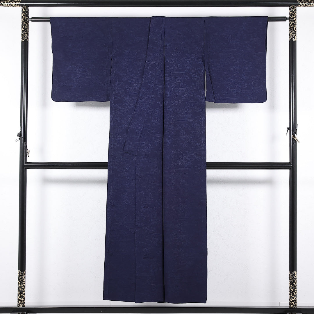 色無地 単衣 身丈146cm 裄丈62cm 正絹 Cランク 一つ紋 (五三桐) 紋意匠 (古典柄) セミフォーマル バチ衿 XLサイズ 紺系 RP 1219-17339