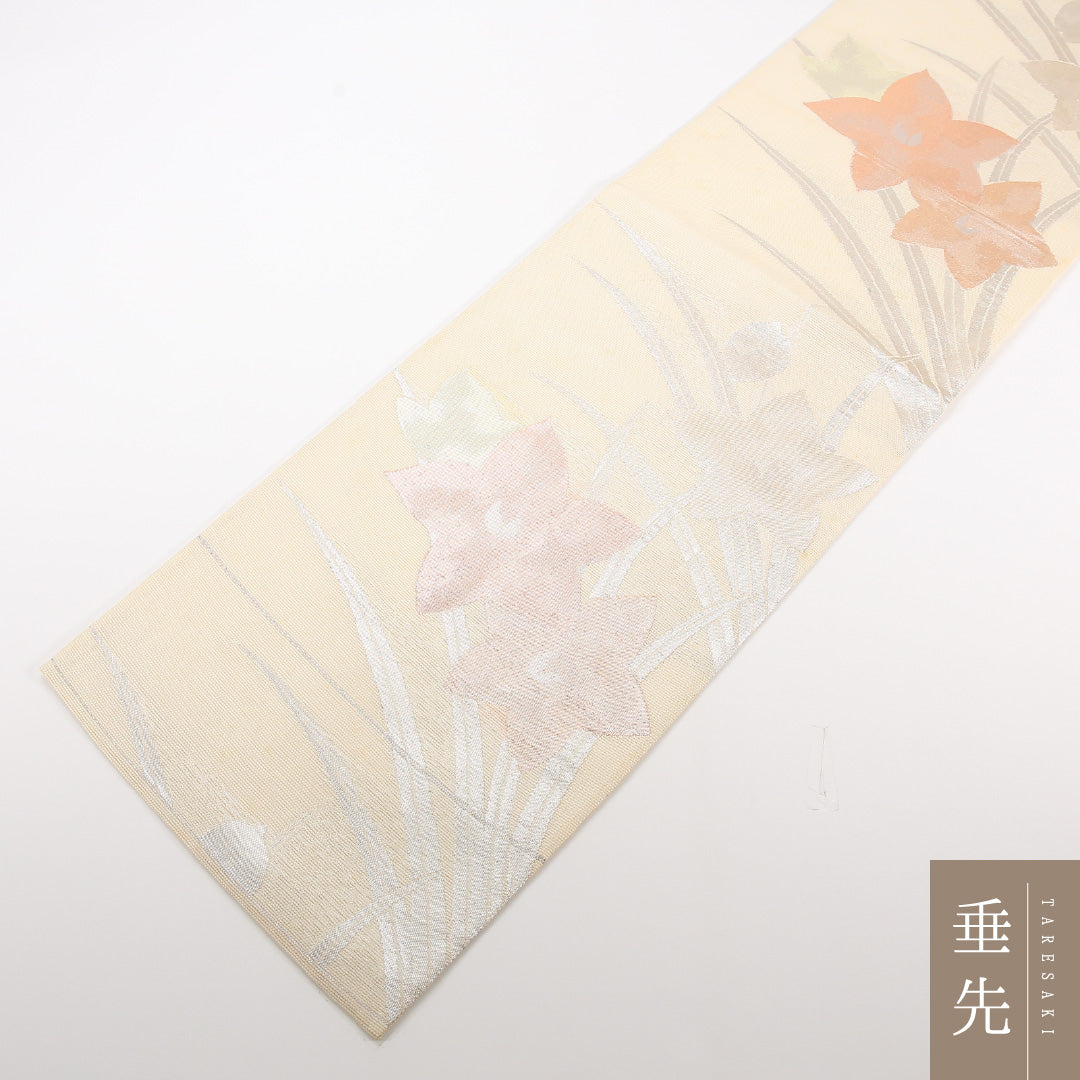 夏物 袋帯 帯丈432cm 正絹 六通 セミフォーマル 綴れ織 桔梗 クリーム系 1243-02469
