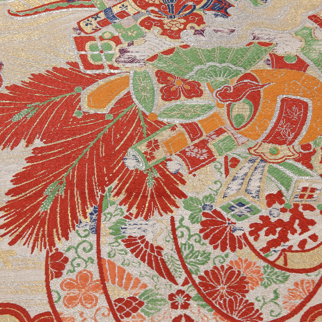 吉祥文様 アンティーク 丸帯 帯丈368cm 正絹 全通 クリーム系 1243-02605