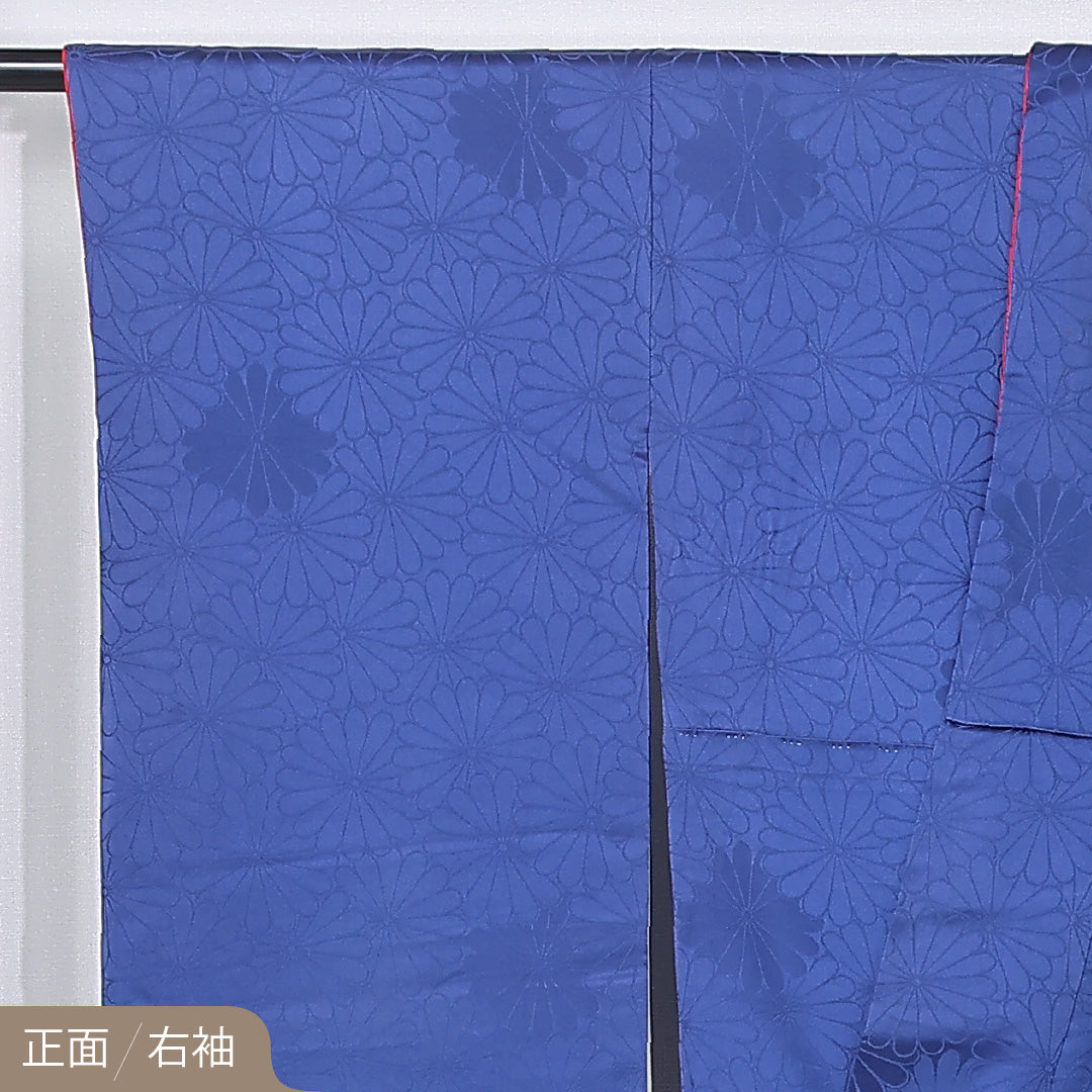 振袖 袷 身丈155cm 裄丈64cm 正絹 Aランク 三つ紋 (丸に九枚笹) 紋意匠 (菊) フォーマル 広衿 Mサイズ 菊 無地 青系 RP 1215-06742
