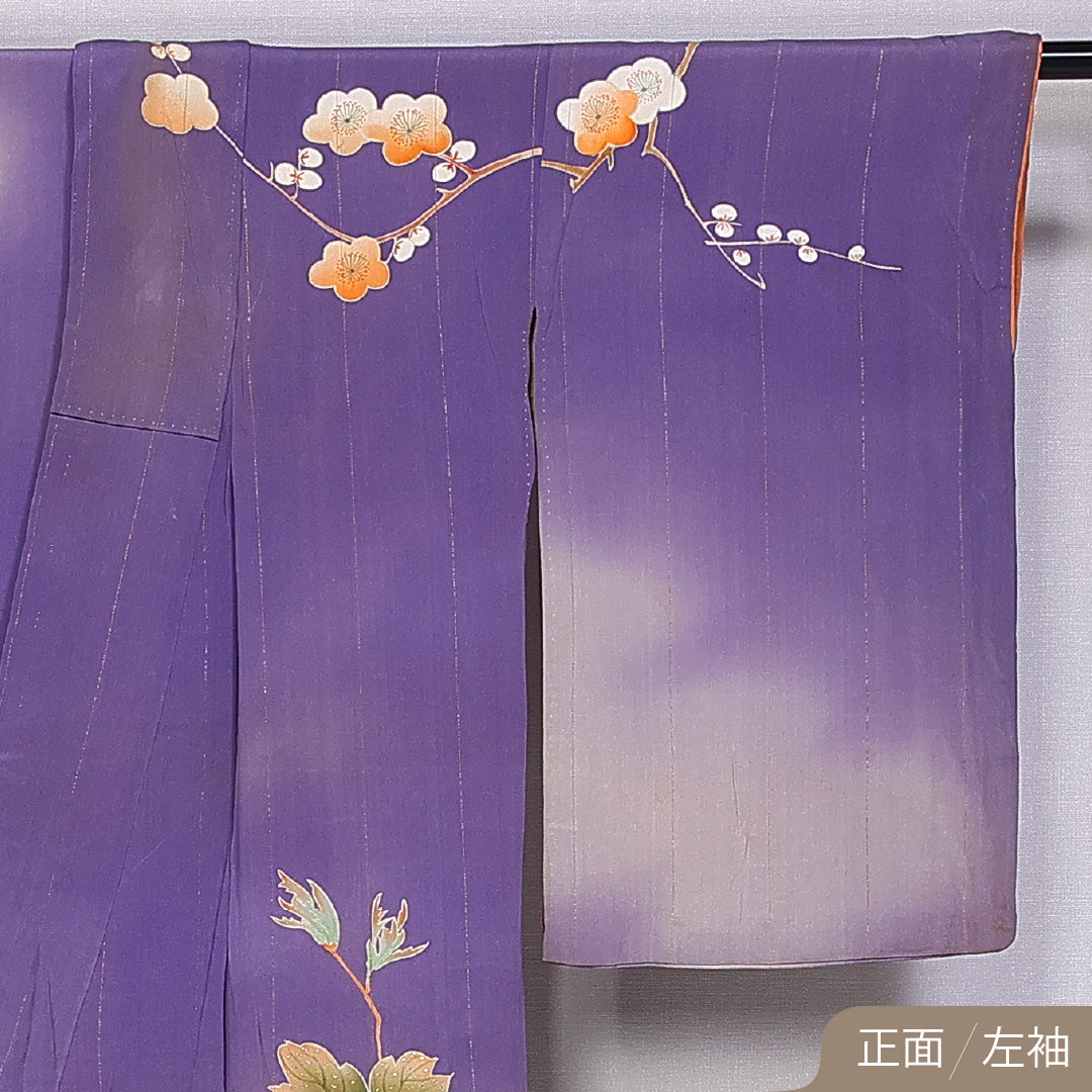 アンティーク 小振袖 袷 身丈151cm 裄丈63cm 正絹 Dランク 一つ紋 (九曜型) 広衿 Sサイズ 漆糸 梅 牡丹 紫系 RP 1216-06667