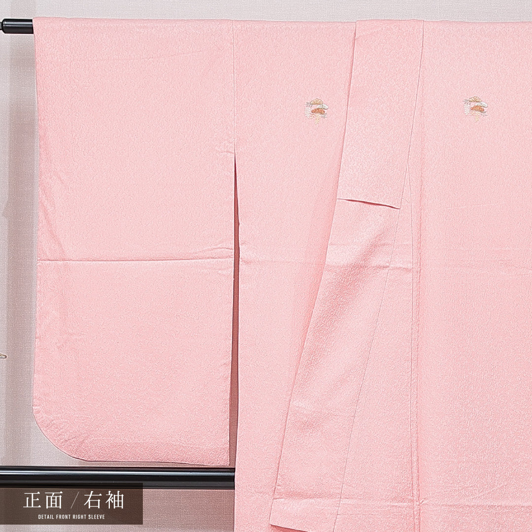 洗える着物 小振袖 袷 身丈169cm 裄丈66cm ポリエステル Sランク セミフォーマル 広衿 XLサイズ 刺繍 藤 笠松 ピンク系 RP 1216-07066