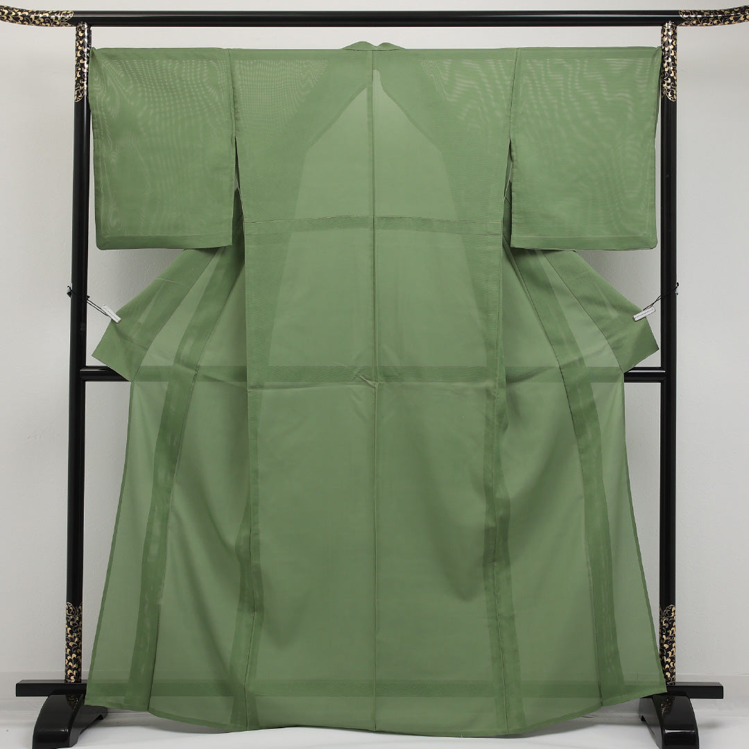 夏物 洗える着物 色無地 絽 身丈165cm 裄丈68cm ポリエステル Sランク インフォーマル 広衿 Mサイズ 無地 緑系 RP 1219-17318