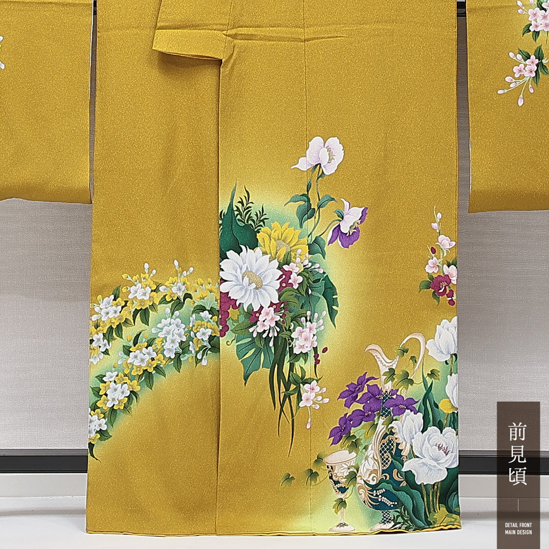 振袖 袷 身丈162cm 裄丈67cm 正絹 Sランク フォーマル 広衿 Lサイズ 百合 黄系 RP 1215-06981