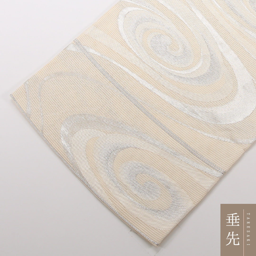 未使用品 夏物 袋帯 帯丈428cm 正絹 六通 フォーマル 綴れ織 流水 クリーム系 1243-02482