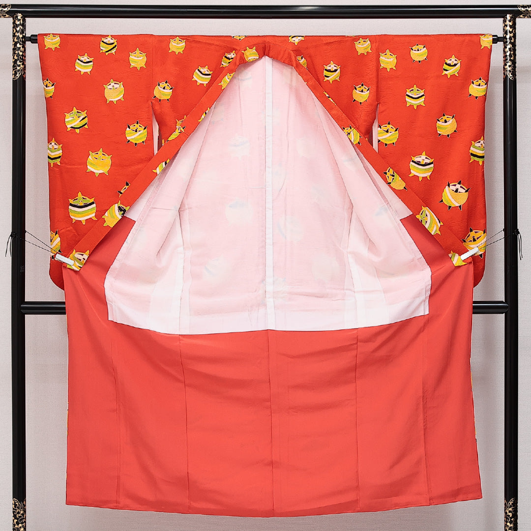 洗える着物 小振袖 袷 身丈142cm 裄丈63cm ポリエステル Sランク セミフォーマル バチ衿 XSサイズ 糸巻 朱系 RP 1216-06890