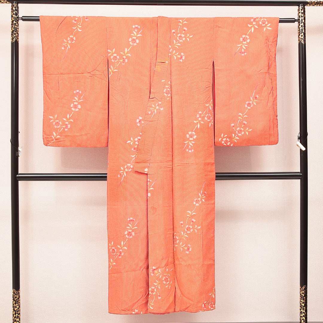 アンティーク 小紋 袷 身丈140cm 裄丈63cm 正絹 Cランク バチ衿 XSサイズ 金彩 撫子 朱系 LP 1221-17198