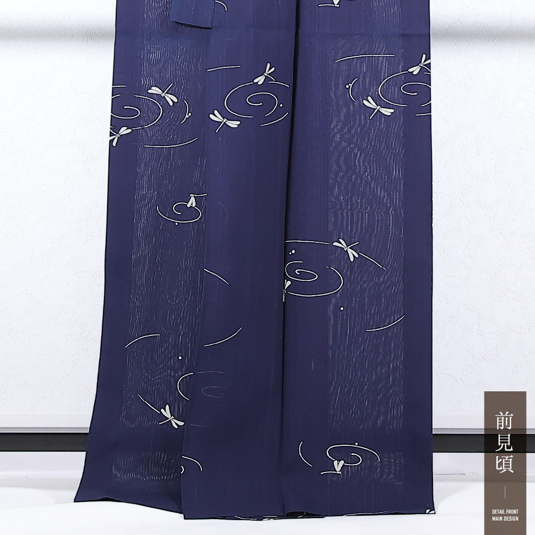 夏物 小紋 身丈166cm 裄丈64cm 正絹 Cランク インフォーマル 広衿 Sサイズ ガード加工 蜻蛉 紺系 RP 1221-17345